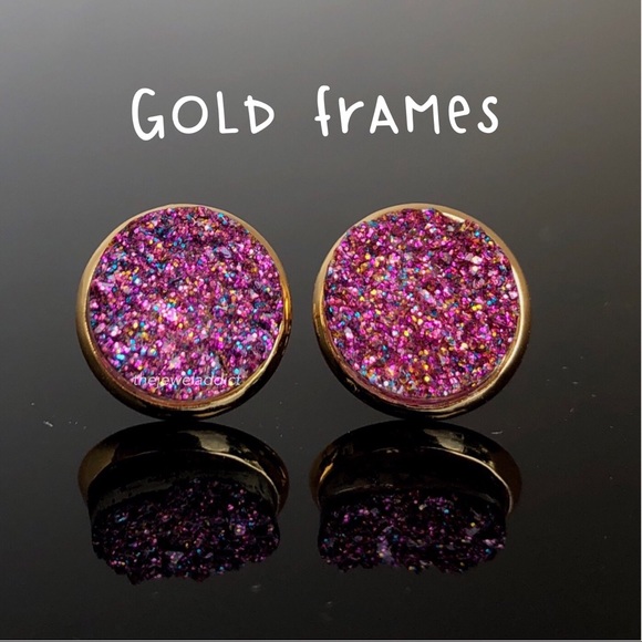 3 for 15🎀magenta glitter faux Druzy silver studs - Picture 6 of 14